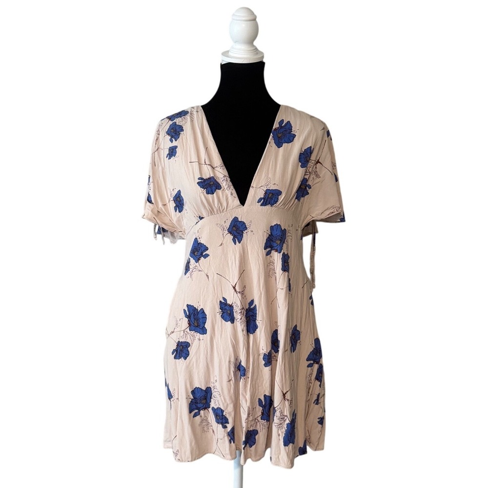 Free People Floral Mini Dress Cream Blue Rayon Empire Waist Boho Festival S